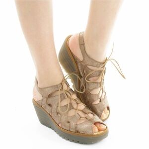 Fly London Yapi lace up wedge sandals Metallic bronze Size 40 = 9-9.5